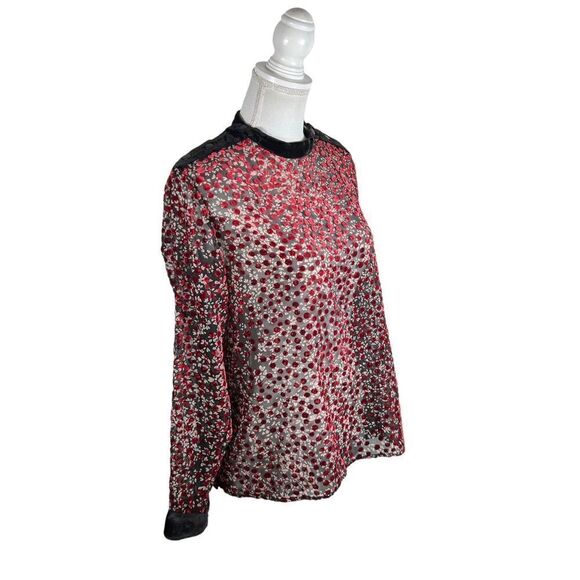 The Kooples Paris Black Semi Sheer Velvet Red Cherry Blossom Blouse - Picture 6 of 10